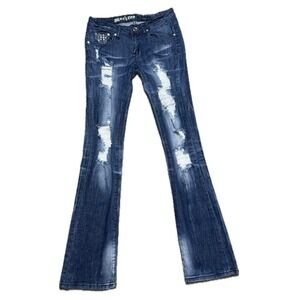👖👄 MACHINE Y2K Ultra Low Rise Rhinestone Bootcut Jeans Sz 28